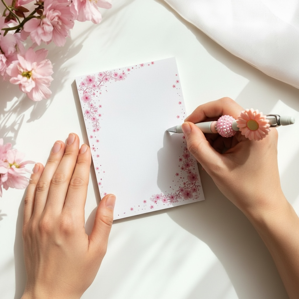 Hand holding a pen with a floral design, writing on a notebook with pink floral patterns, surrounded by cherry blossoms.