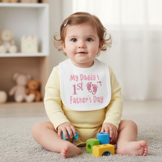 Baby wearing a bib with 'My Daddy's 1st Father's Day' text, sitting on the floor with toys.