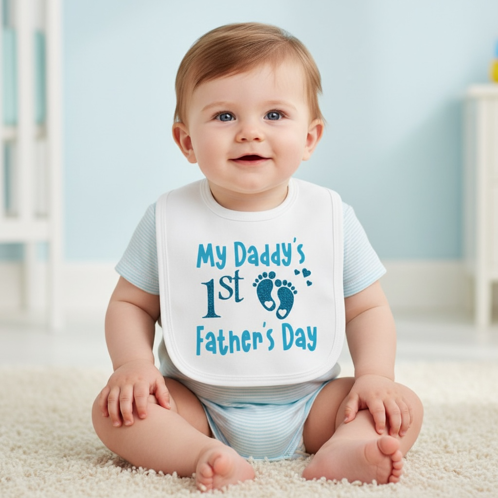 Baby wearing a bib with 'My Daddy's 1st Father's Day' text, sitting on a carpeted floor.