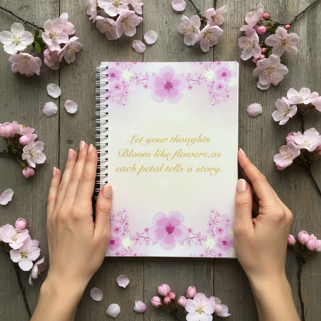 Notebook with floral design and text held by hands surrounded by cherry blossoms on a wooden surface