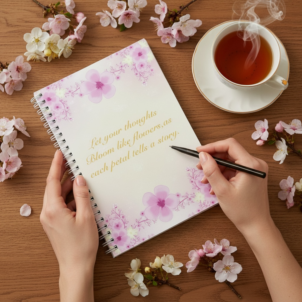 Person holding a pen over a floral notebook with a cup of tea and cherry blossoms on a wooden table.