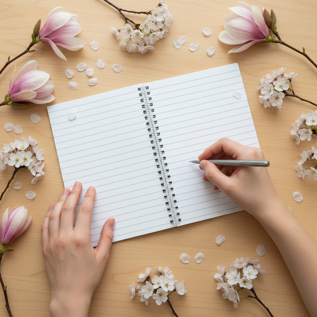 Person writing in a notebook with flowers around on a wooden surface