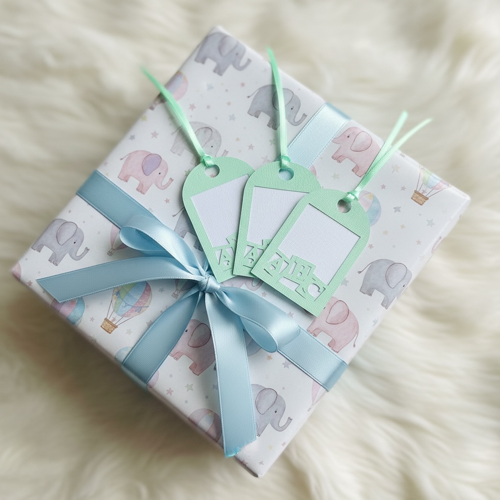 three green abc gift tags on parcel