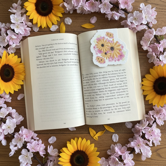 Open book with sunflower and Blossom magnetic bookmark on a wooden surface surrounded by sunflowers and pink flowers.