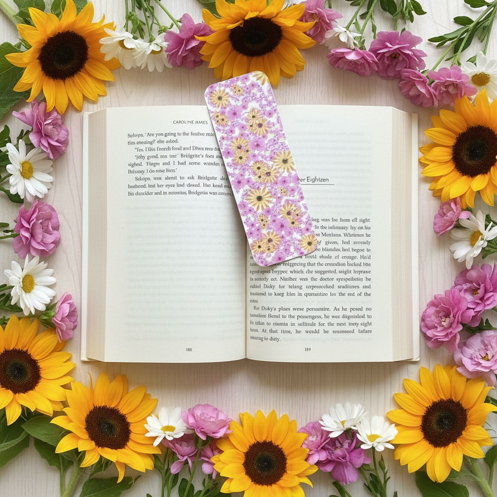Open book with a floral bookmark surrounded by sunflowers and other flowers on a light background