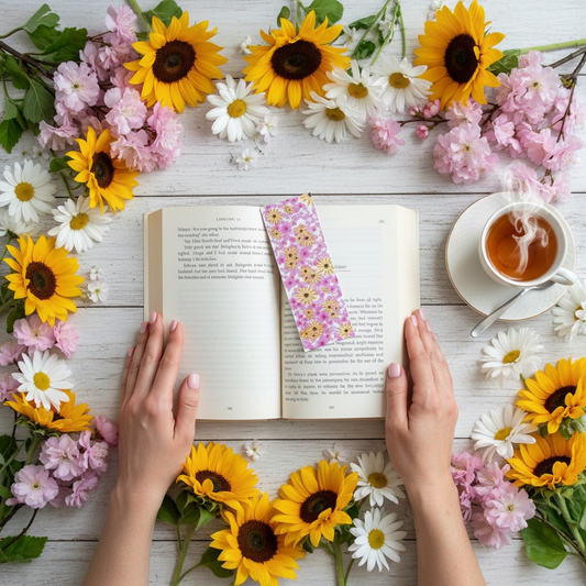 Open book with bookmark and hands, surrounded by flowers and a cup of tea on a wooden surface.