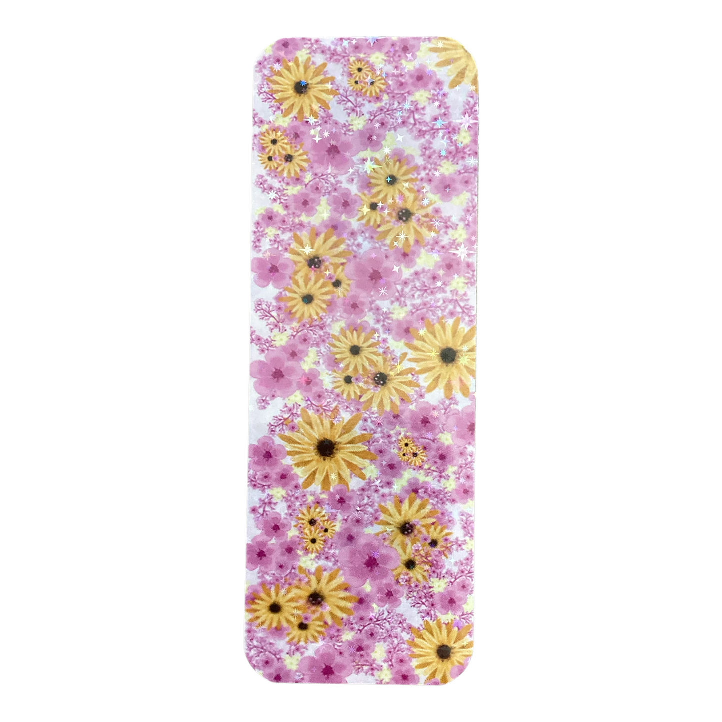 Studio photo of Blossom and Sunflower floral sparkle bookmark round corners