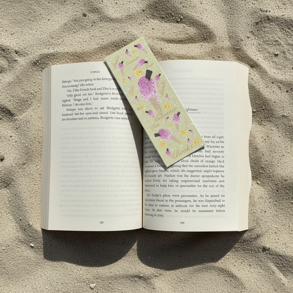 Open book on sand with Ice Cream bookmark