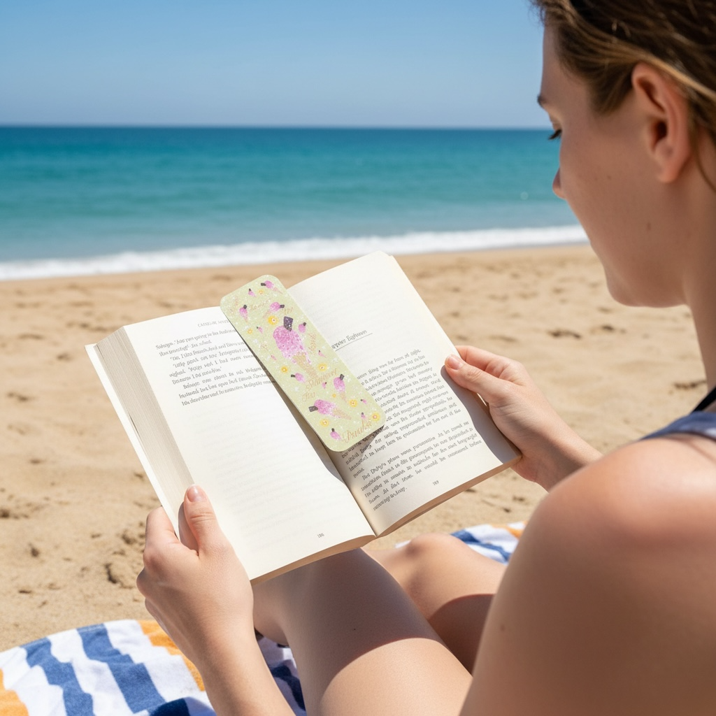 Woman reading a book on a beach with a clear blue sky and ocean. Ice Cream bookmark in book