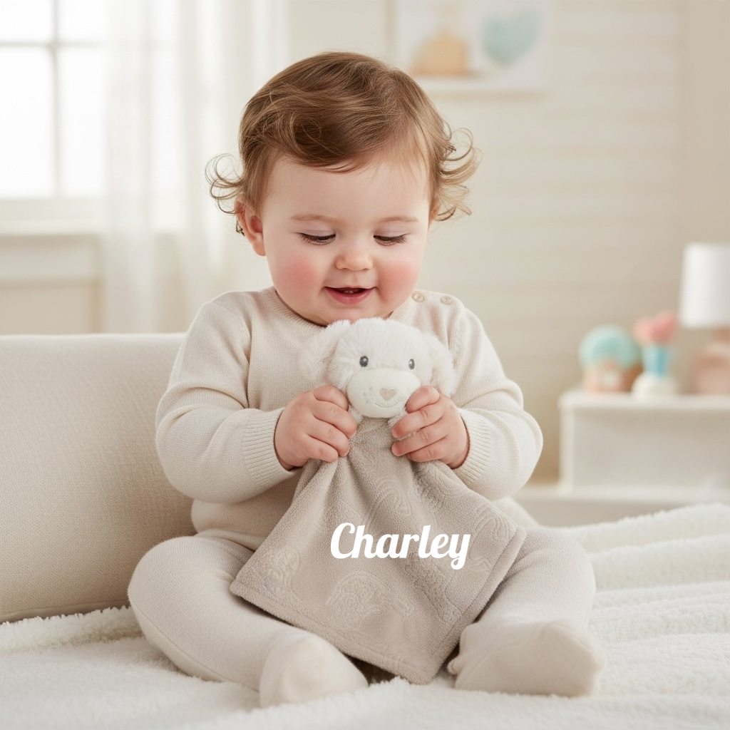 Child holding a plush toy in a cozy room with 'Charley' name