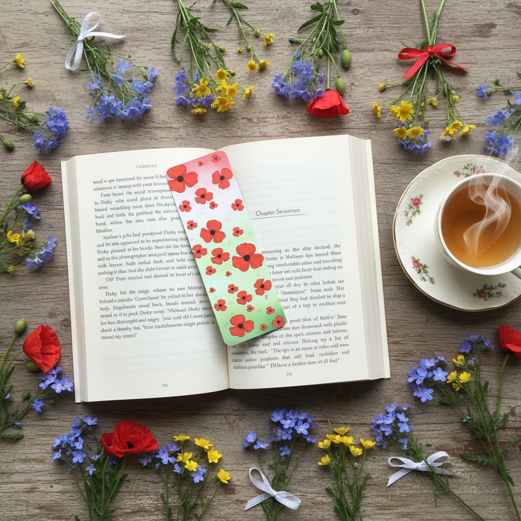 Open book with a poppy floral bookmark on a wooden surface surrounded by flowers and a cup of tea.