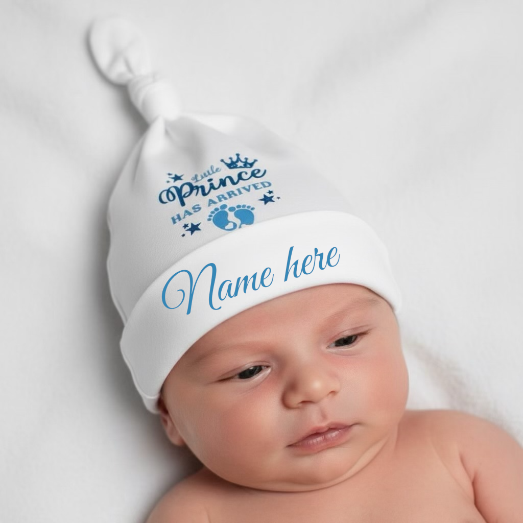 Baby wearing a white hat with blue text on a light gray background