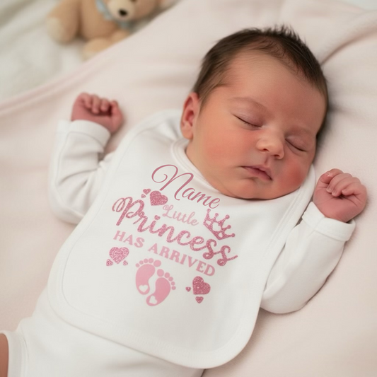 Personalised Princess Has Arrived Baby Bib | Pink and Pink Glitter HTV