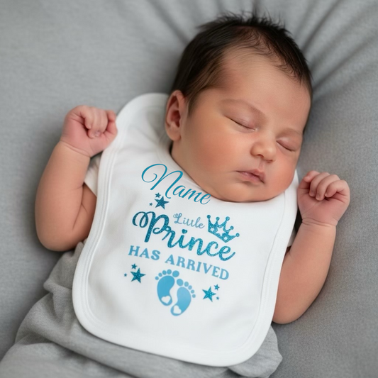Personalised Prince Has Arrived Baby Bib |Sky Blue -  Blue Glitter HTV
