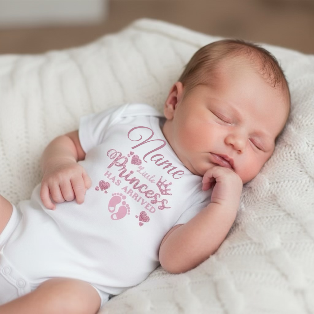 Personalised Baby Vest – "Little Princess Has Arrived" in Pink Glitter | 0–3 Months