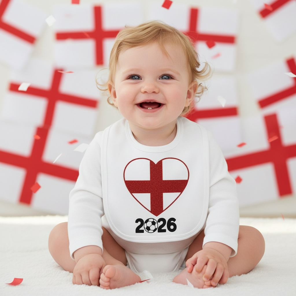 Baby wearing a white bib with a red heart and ' England flag 2026' design, sitting on a white surface with red crosses in the background.