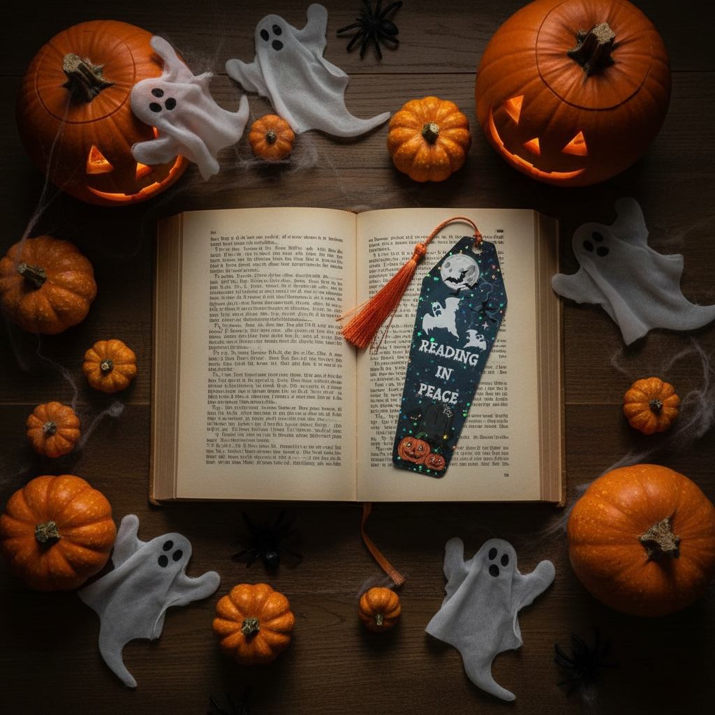 Halloween Coffin Bookmark | Spooky Ghost & Pumpkin Double-Sided with Orange Tassel