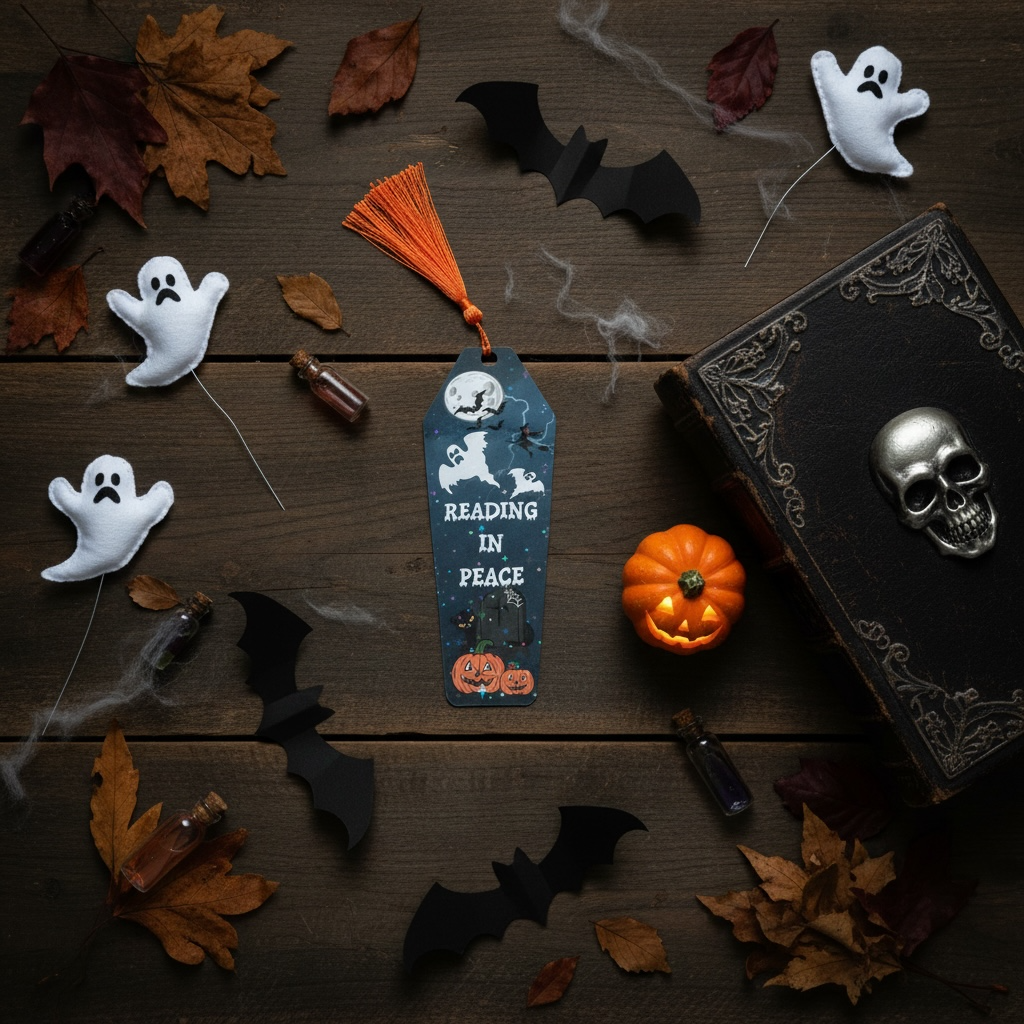 Halloween Coffin Bookmark | Spooky Ghost & Pumpkin Double-Sided with Orange Tassel