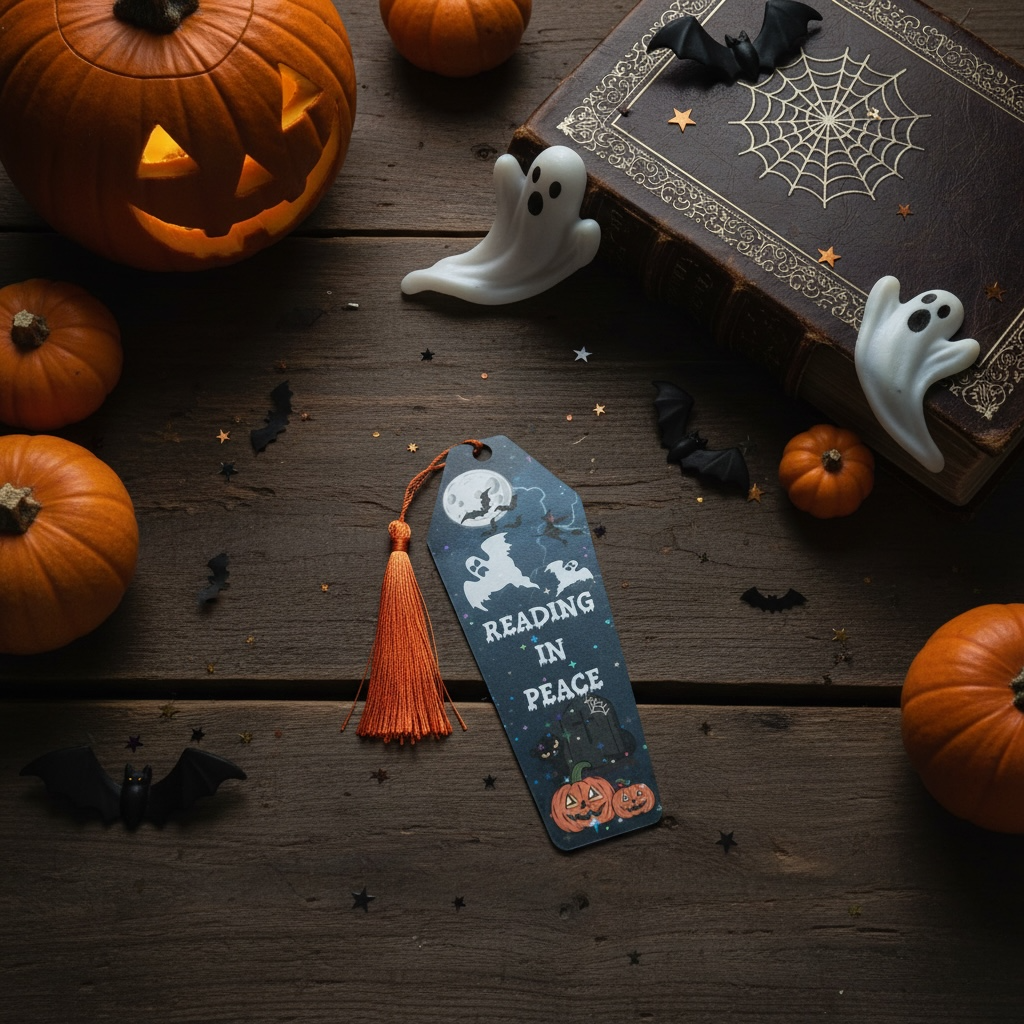 Halloween Coffin Bookmark | Spooky Ghost & Pumpkin Double-Sided with Orange Tassel