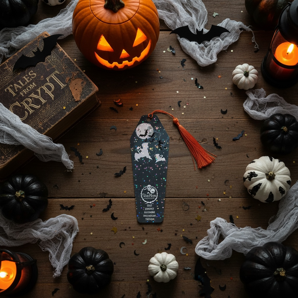 Halloween Coffin Bookmark | Spooky Ghost & Pumpkin Double-Sided with Orange Tassel