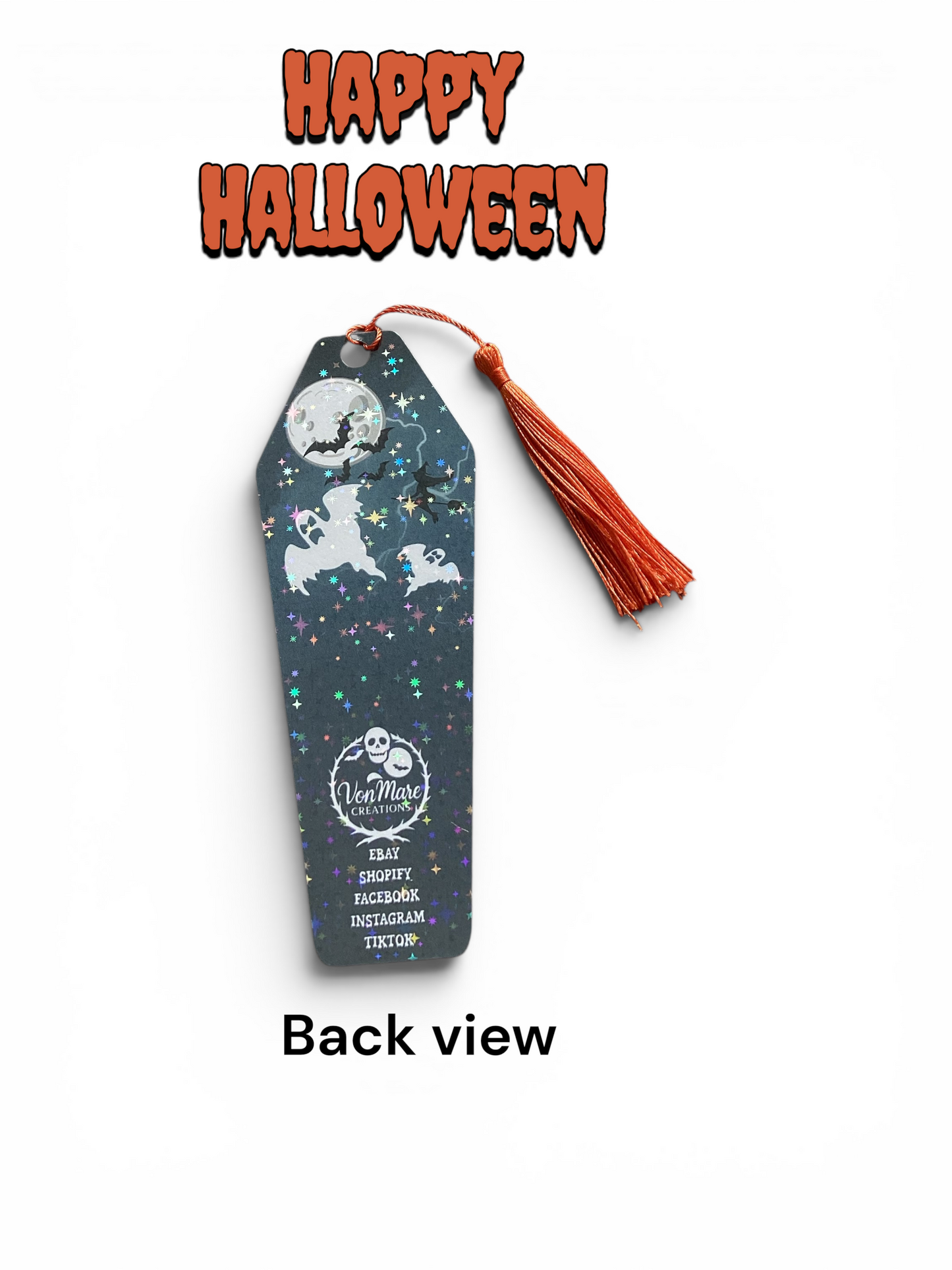 Halloween Coffin Bookmark | Spooky Ghost & Pumpkin Double-Sided with Orange Tassel
