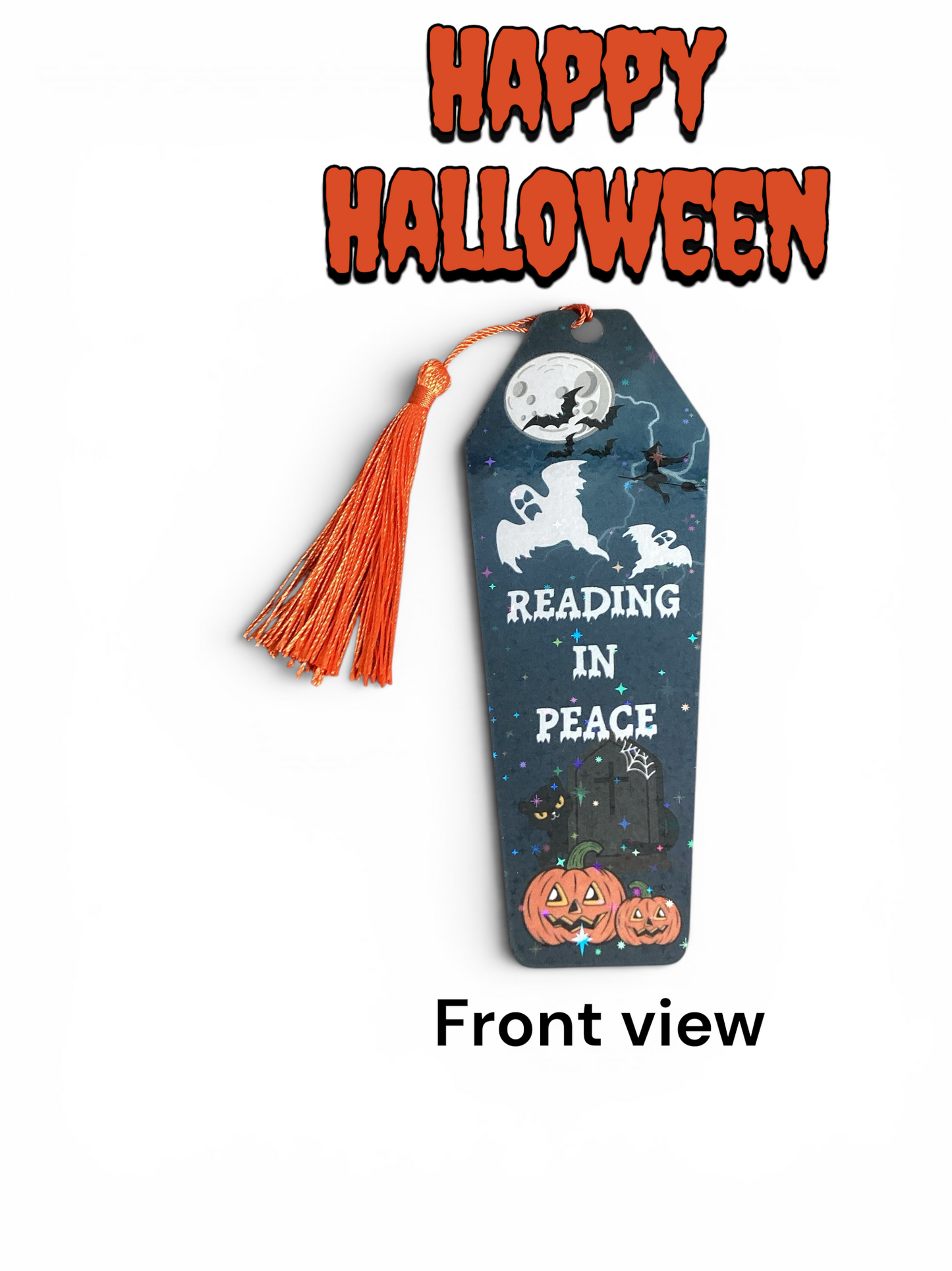 Halloween Coffin Bookmark | Spooky Ghost & Pumpkin Double-Sided with Orange Tassel