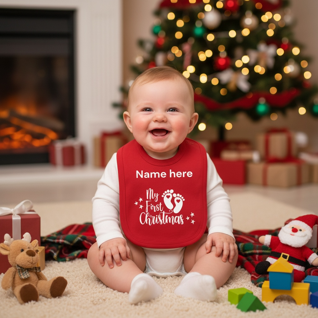 My First Christmas Baby Red Cotton Bib – Personalised - Keepsake
