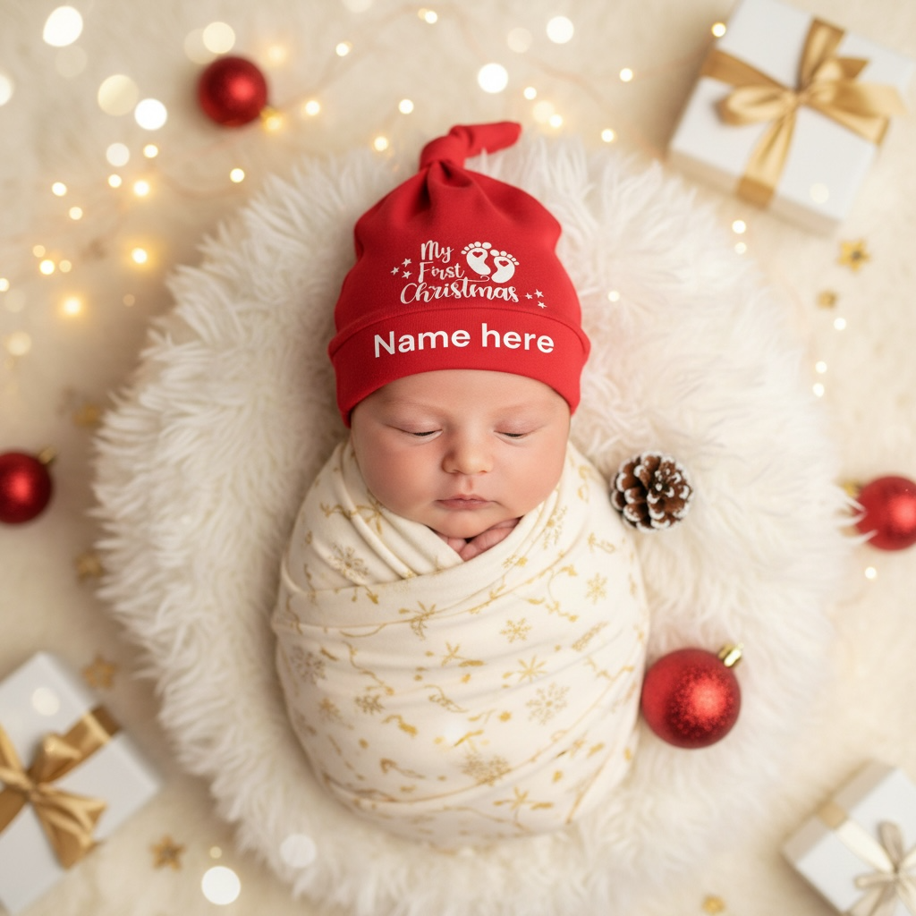 A sleeping newborn baby swaddled in a white and gold patterned swaddle wrap, wearing a red knit hat with white text that reads 'My First Christmas Name here'. The baby is photographed on a white faux fur blanket surrounded by holiday decorations including red ornaments, gift boxes, and warm bokeh lights.