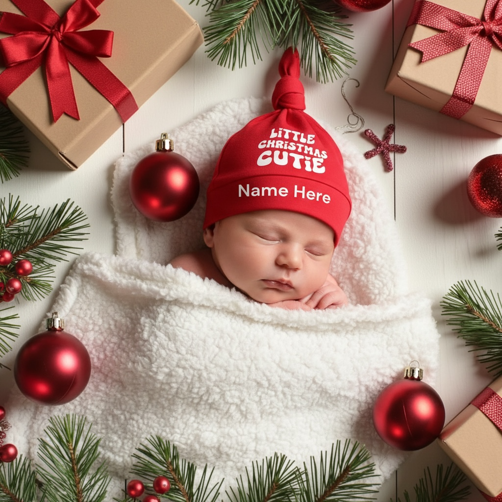 A sleeping newborn baby wrapped in a white blanket, wearing a red knit beanie with white text that reads 'LITTLE CHRISTMAS CUTIE' and 'Name Here'. The scene is styled with red Christmas ornaments, pine branches, and wrapped gift boxes on a white surface.