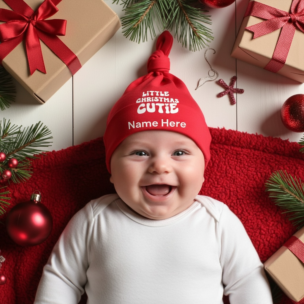 A smiling baby wearing a red knotted Christmas hat with white text that reads 'LITTLE CHRISTMAS CUTIE Name Here,' lying on a red blanket with wrapped gift boxes, pine branches, and red ornaments around them.