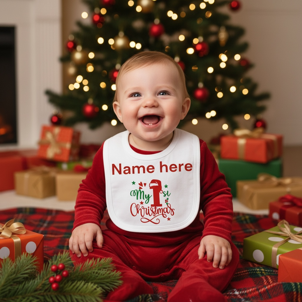 My First Christmas Baby Bib – Personalised White Bib | Keepsake Gift