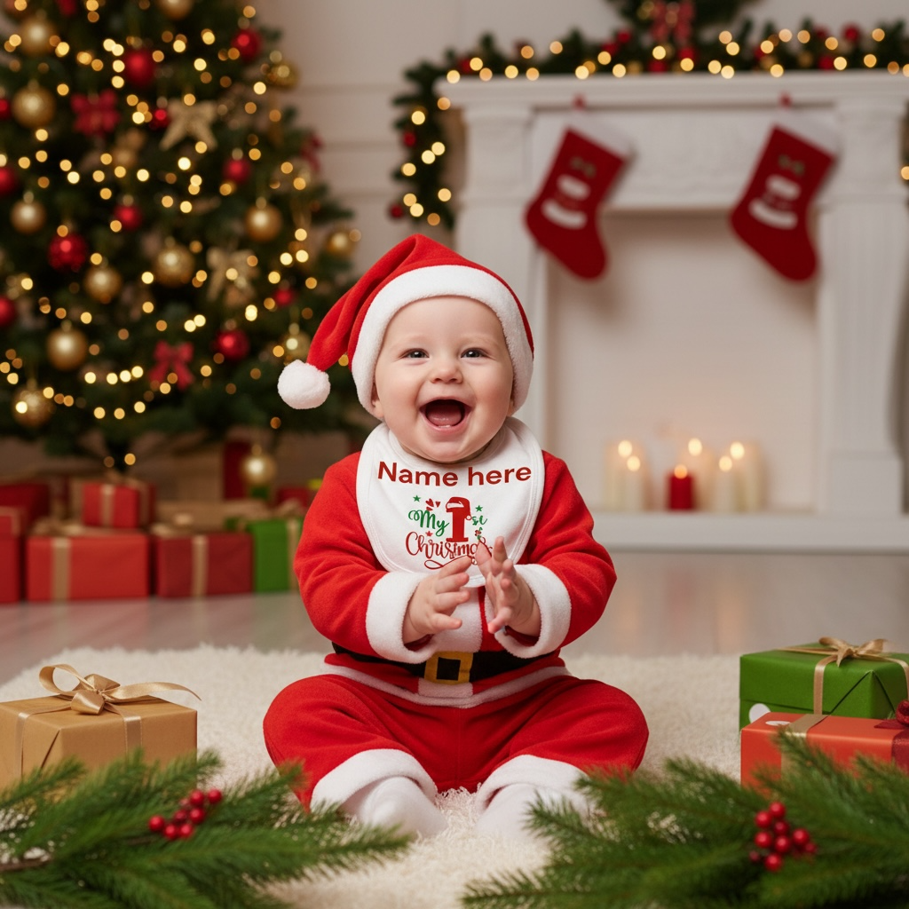 My First Christmas Baby Bib – Personalised White Bib | Keepsake Gift