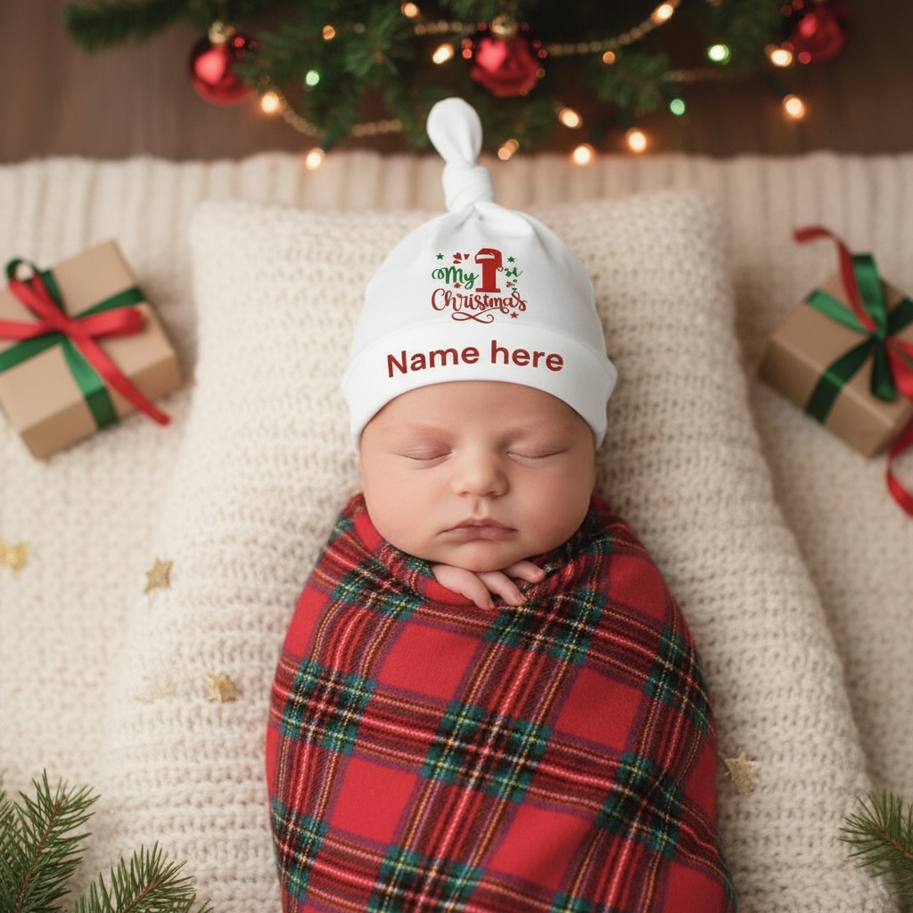 Personalised My 1st Christmas Baby Knotty Hat | White Cotton