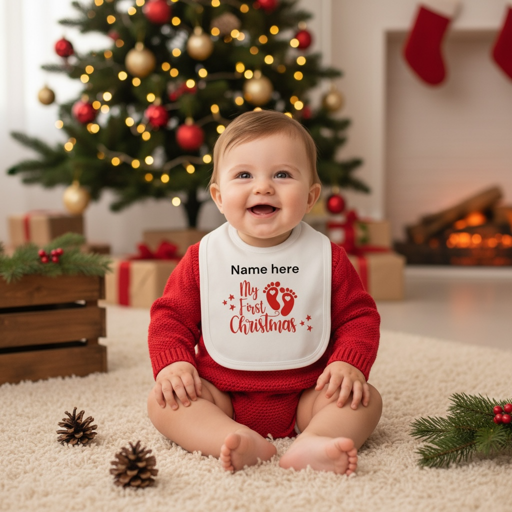 My First Christmas Personalised Baby Bib | White Cotton Keepsake Gift