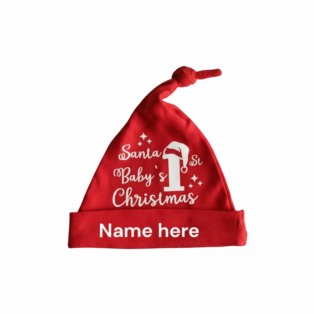 Red knotty baby hat with Santa Baby's 1st Christmas white glitter HTV design and personalised name placeholder on white background