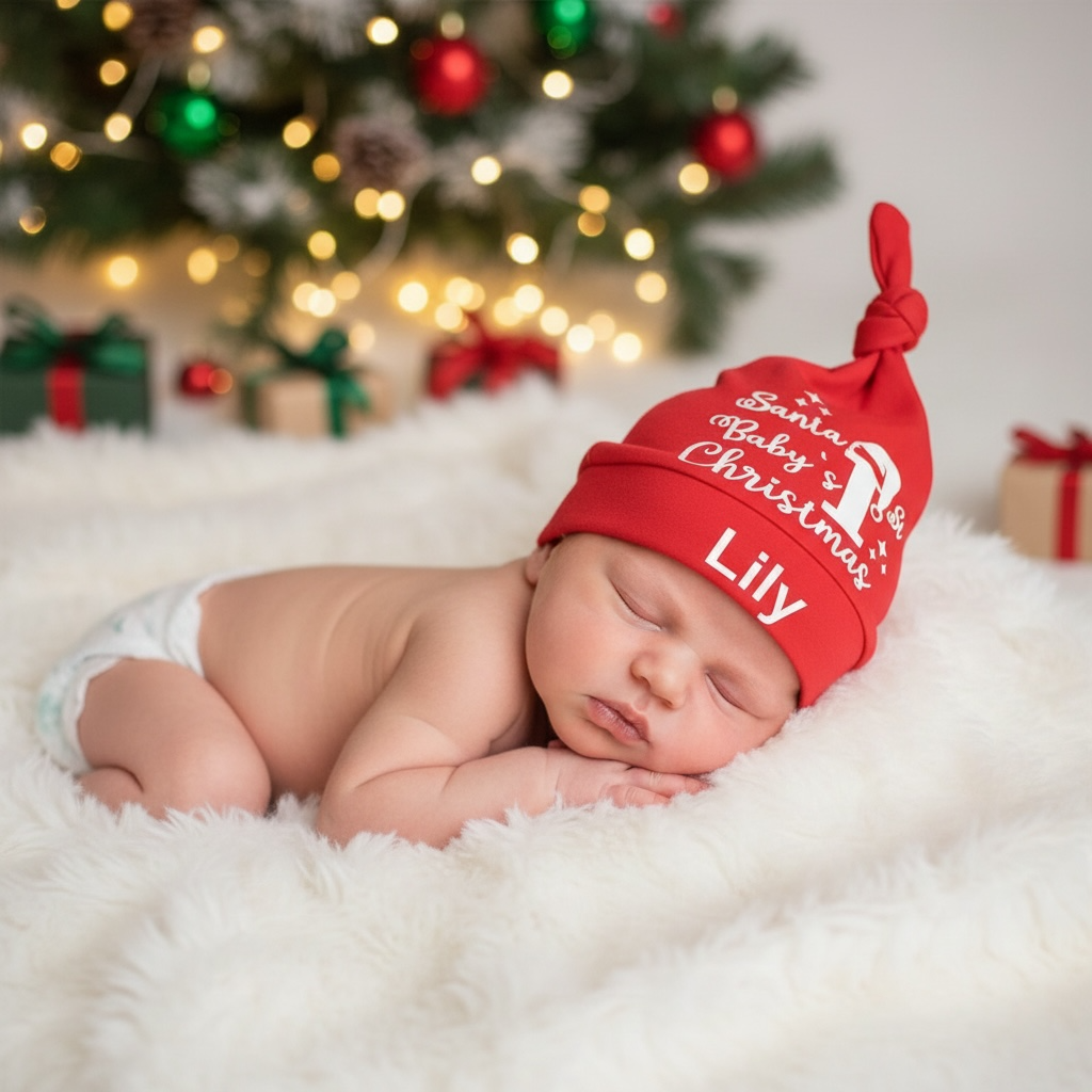 A sleeping newborn baby wearing a red knit Santa hat with white personalized text reading 'Santa Baby's Christmas' and 'Lily', posed on a white faux-fur blanket with a blurred Christmas tree and gifts in the background.