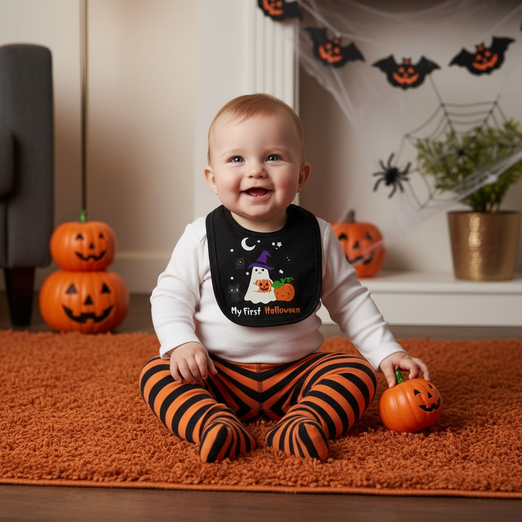 My First Halloween Baby Bib – Glow in the Dark Ghosts, Pumpkins, Cats & Bats