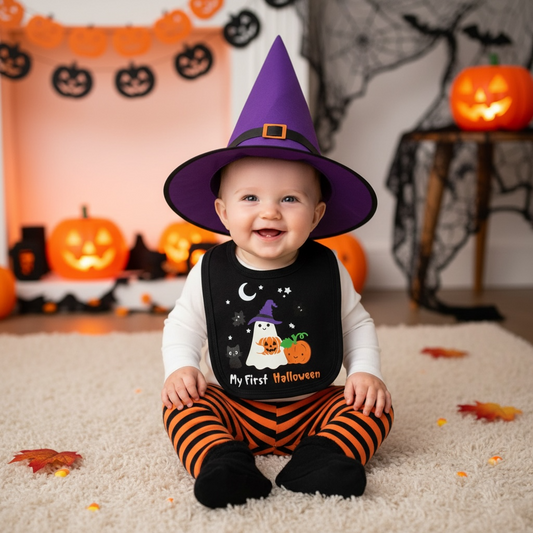 My First Halloween Baby Bib – Glow in the Dark Ghosts, Pumpkins, Cats & Bats