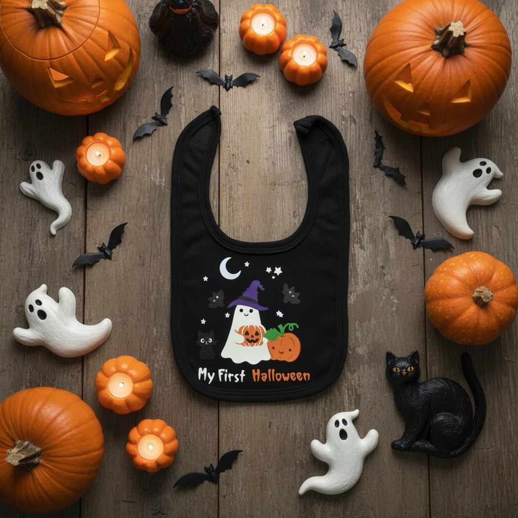 My First Halloween Baby Bib – Glow in the Dark Ghosts, Pumpkins, Cats & Bats