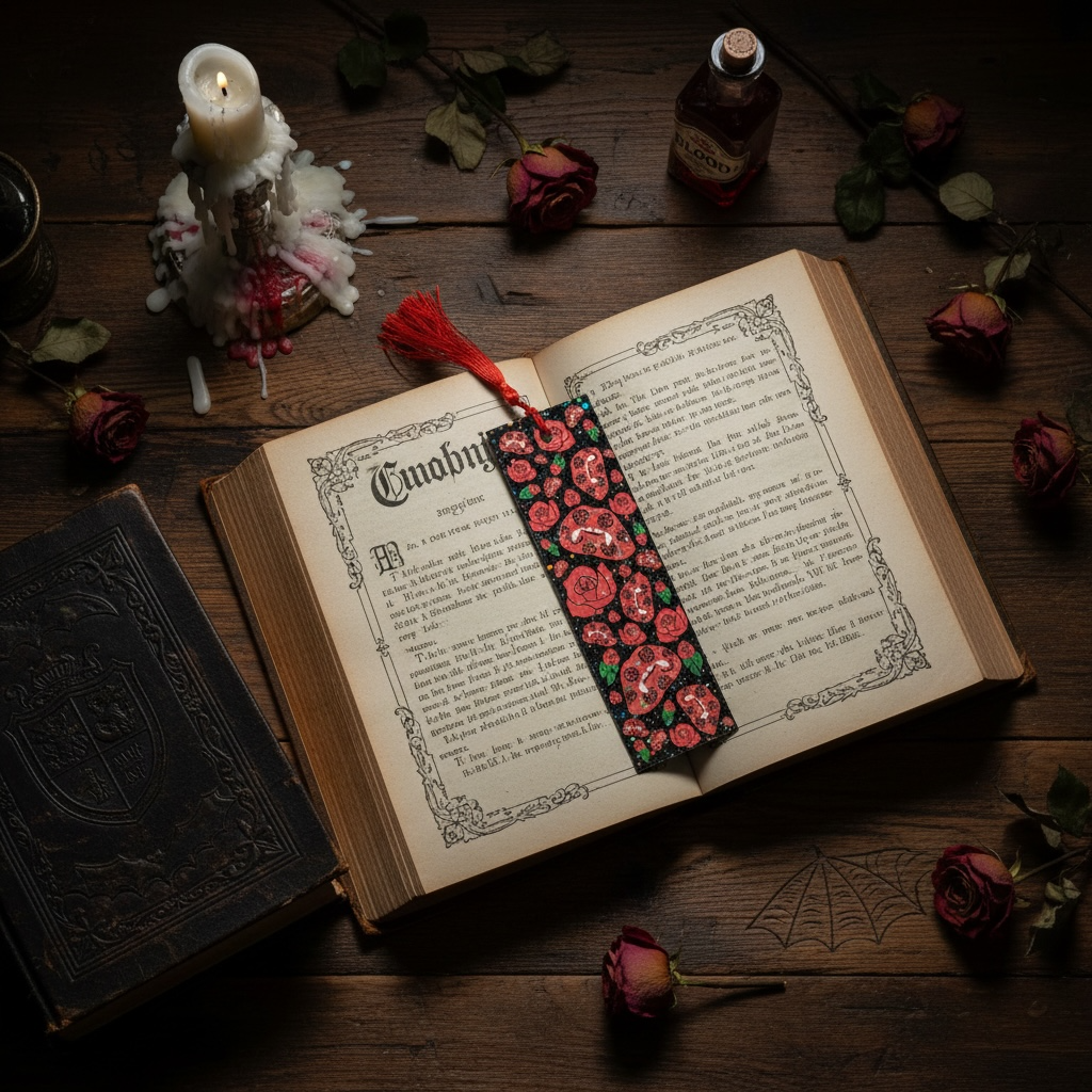 Vampire Vibes Bookmark | Double Sided Spooky Gothic Tassel Bookmark with Sparkle