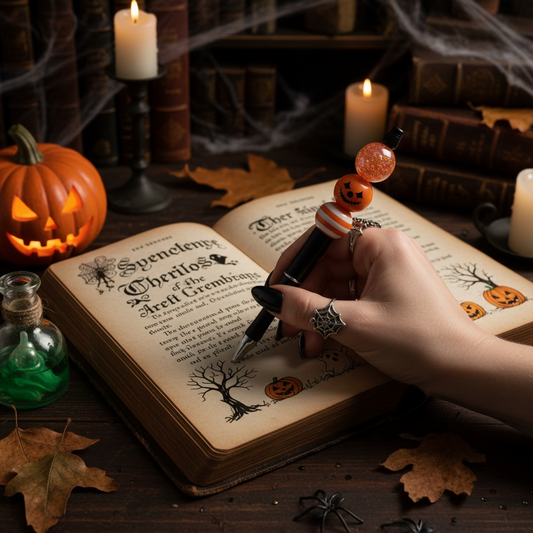 Halloween pumpkin beaded pen held over a vintage spell book, surrounded by candles, a jack-o'-lantern and autumn leaves"