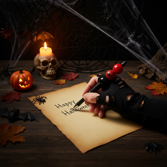 Handcrafted Halloween spider beaded pen with red and black beads and black case by VonMare Creations"