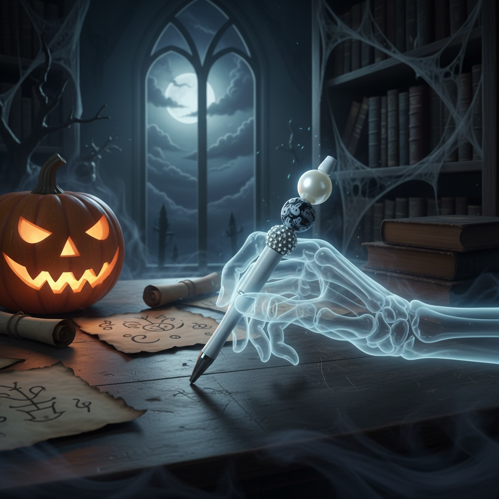 "Ghost beaded pen with pearl and rhinestone beads held by a glowing skeleton hand, writing on parchment beside a lit jack-o-lantern in a spooky Halloween scene"