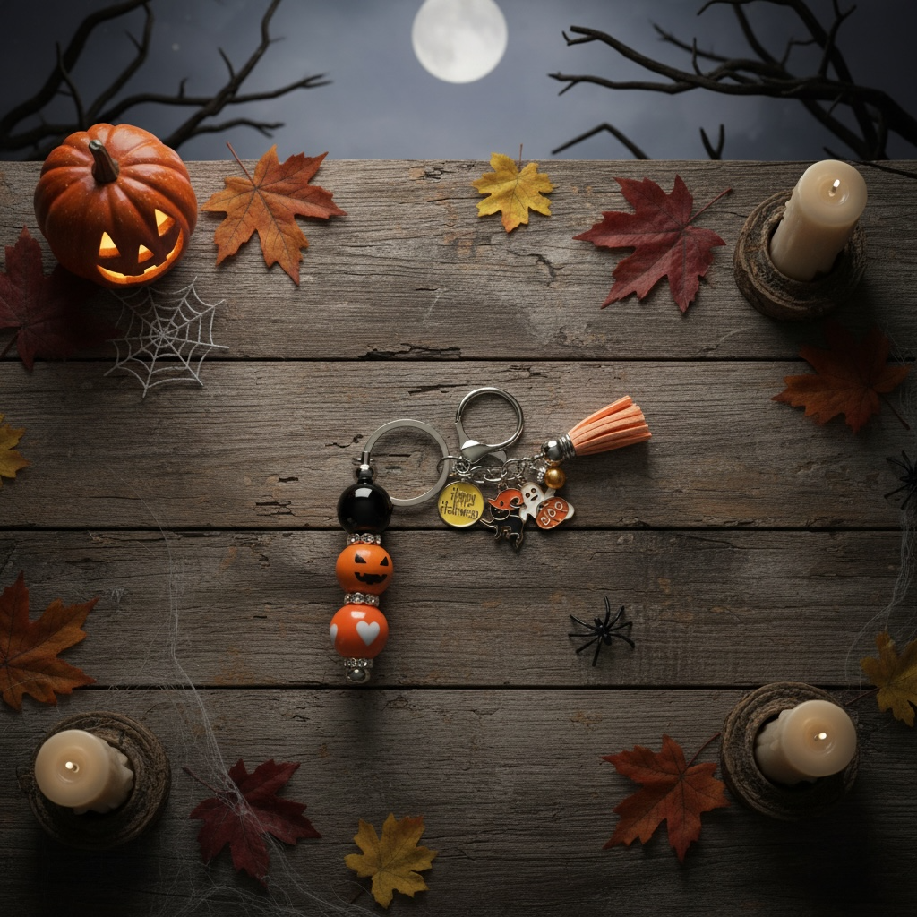 Halloween Pumpkin Beaded Keychain & Bar with Charms