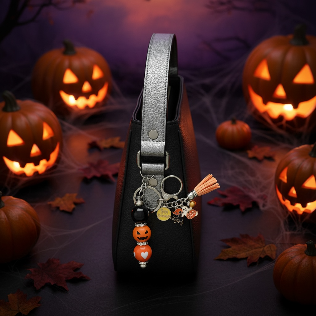 Halloween Pumpkin Beaded Keychain & Bar with Charms