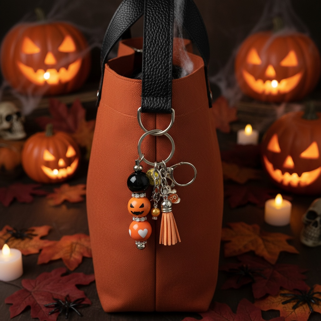 Halloween Pumpkin Beaded Keychain & Bar with Charms