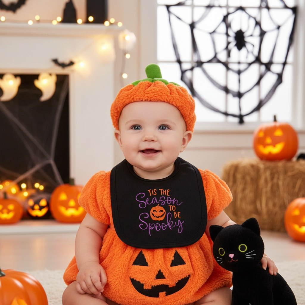 Halloween Baby Bib – Embroidered 'Tis The Season To Be Spooky' | Black Cotton