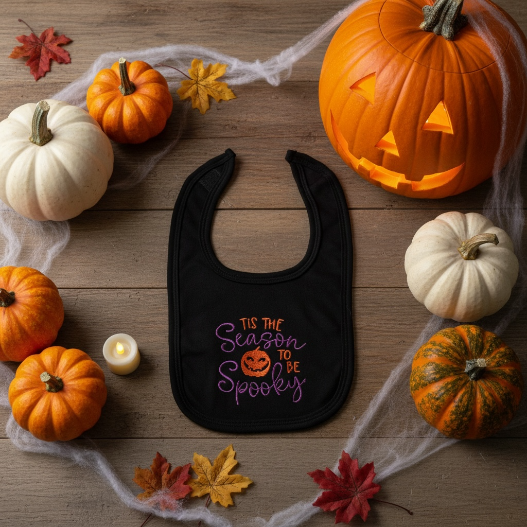 Halloween Baby Bib – Embroidered 'Tis The Season To Be Spooky' | Black Cotton