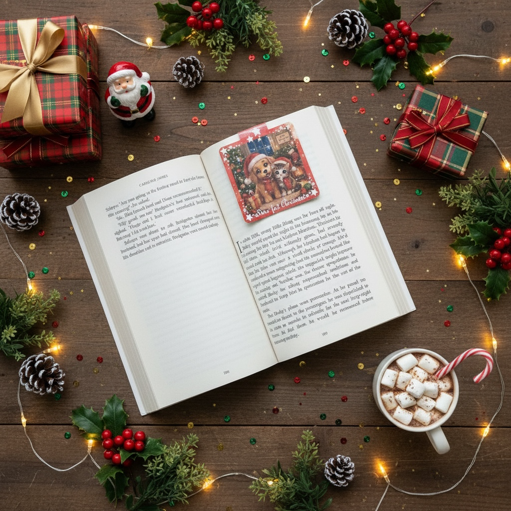Christmas Kitten & Puppy Magnetic Bookmark | Double-Sided Sparkle | Paw-fect Gift