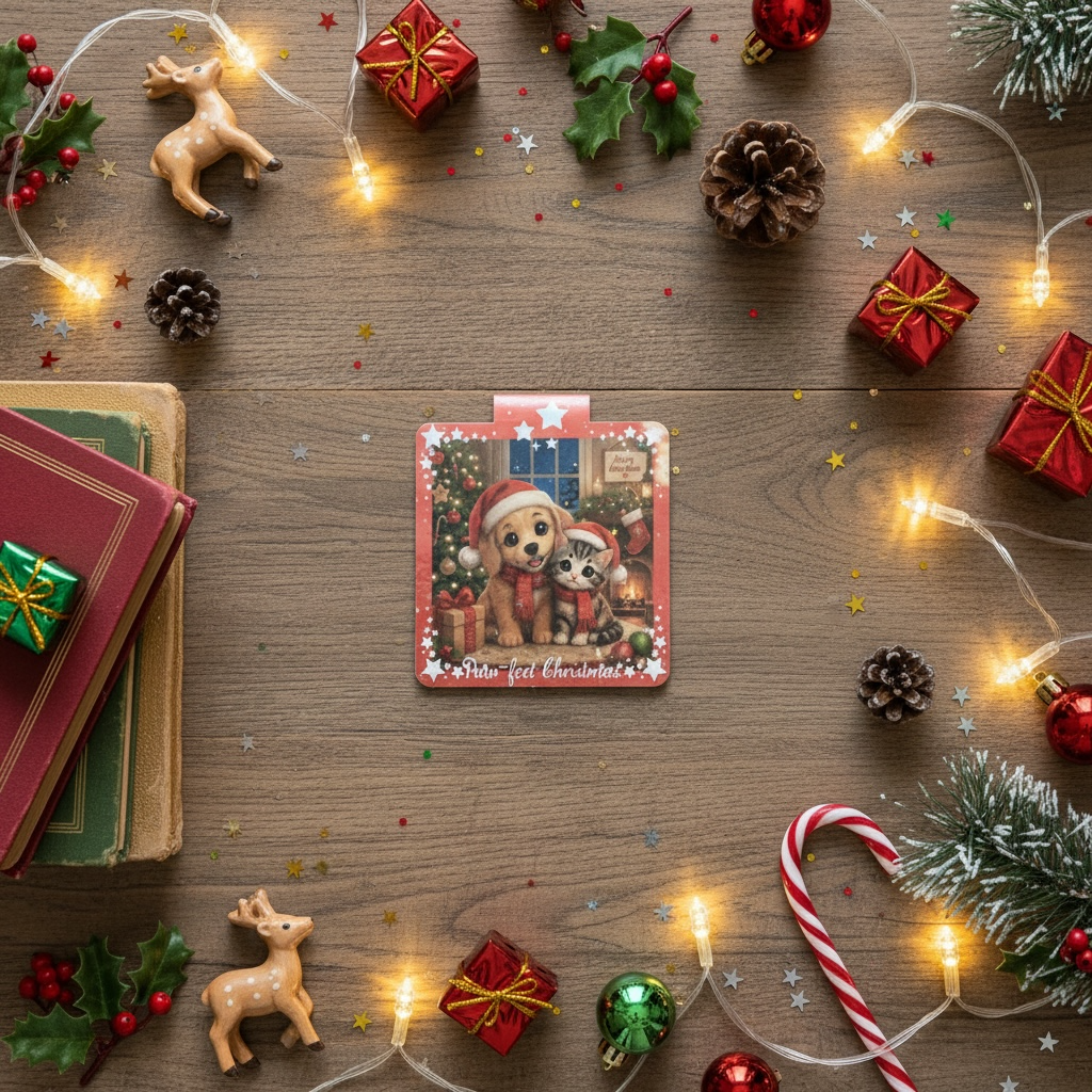 Christmas Kitten & Puppy Magnetic Bookmark | Double-Sided Sparkle | Paw-fect Gift